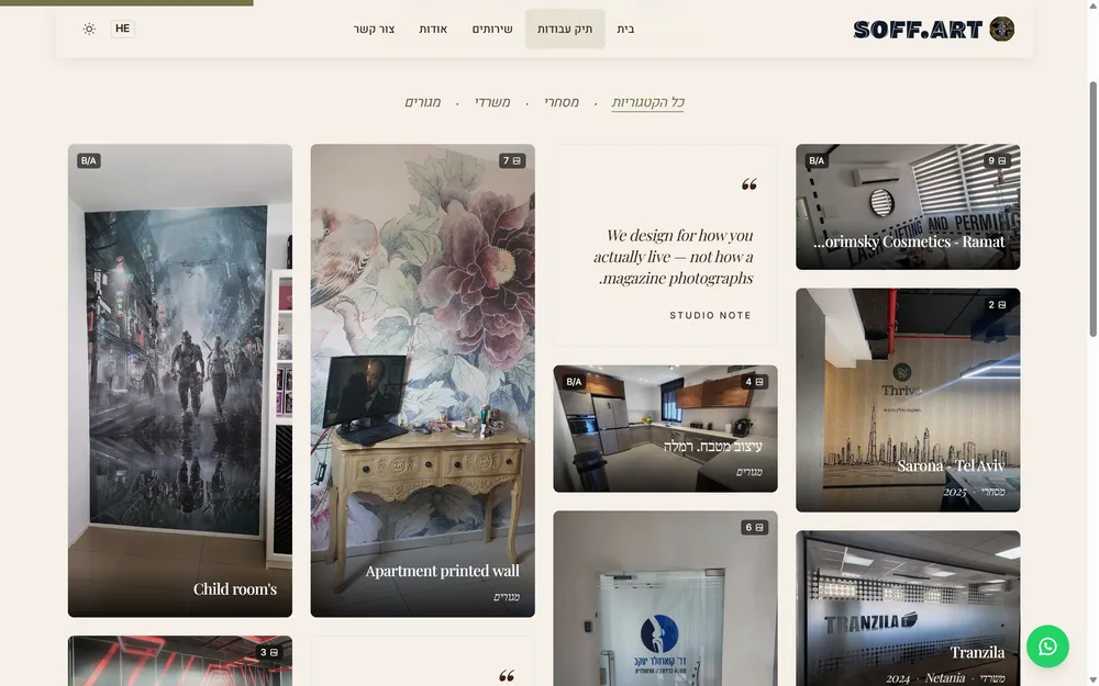 The portfolio page on the Soff Art site — a grid of projects in Hebrew, filtered by residential, commercial and office