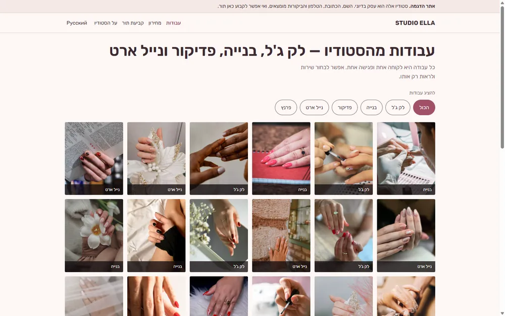 עמוד העבודות של אתר ההדגמה סטודיו אלה — רשת צילומי מניקור הנסננת לפי סוג טיפול, ומעליה מחליף השפה לרוסית וסרגל שמצהיר שהאתר הוא הדגמה